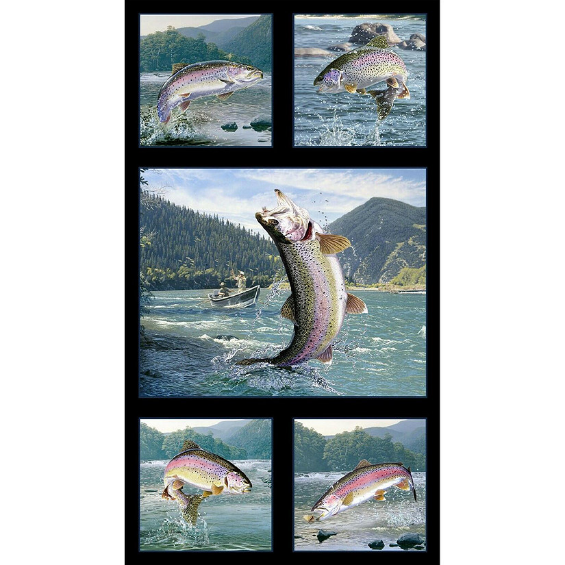 Tight Lines~Trout Jumping Panel 24" x44" Cotton Fabric by Elizabeth's Studio Image