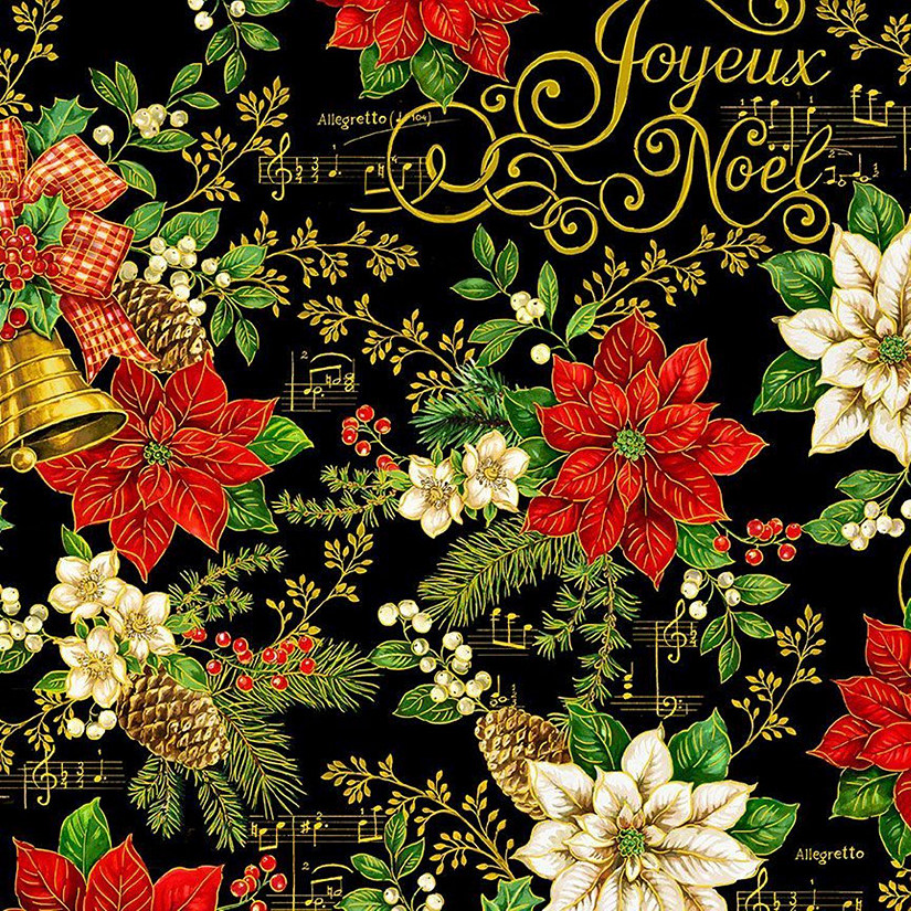 Timeless Treasures Holiday Christmas Bell Poinsettia Text Black Cotton Fabric Image