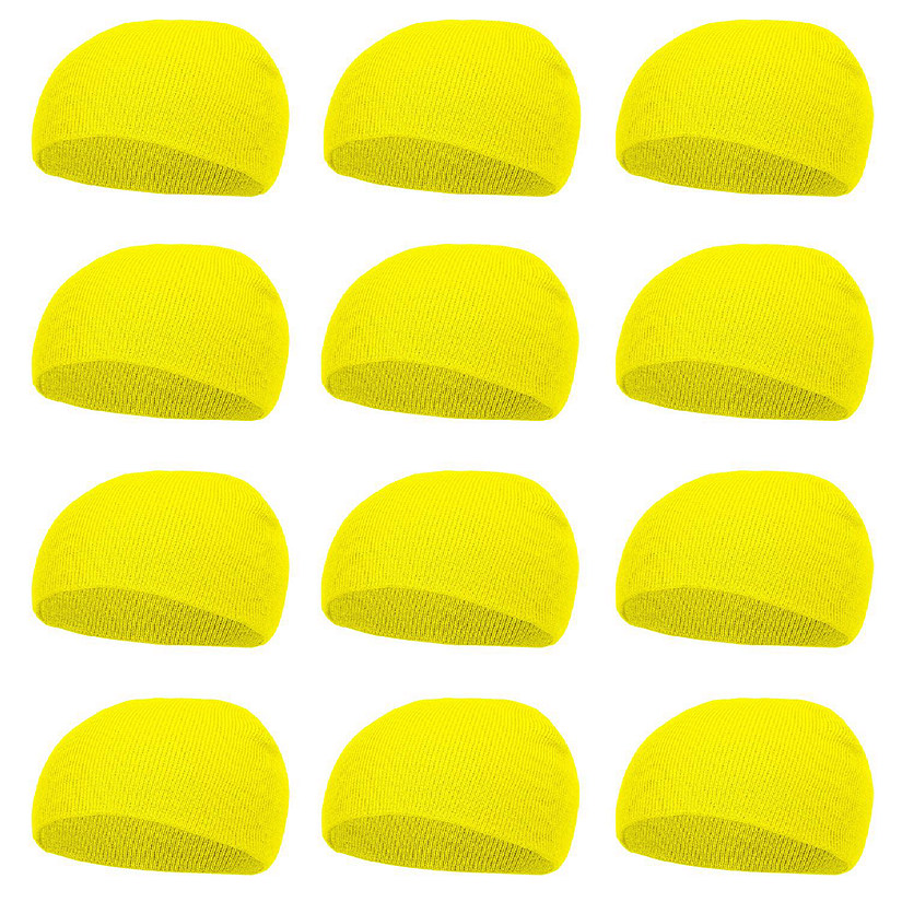 TopHeadwear Dozen Bulk Short Skull Cap Cuffless Beanies - Neon Yellow Image