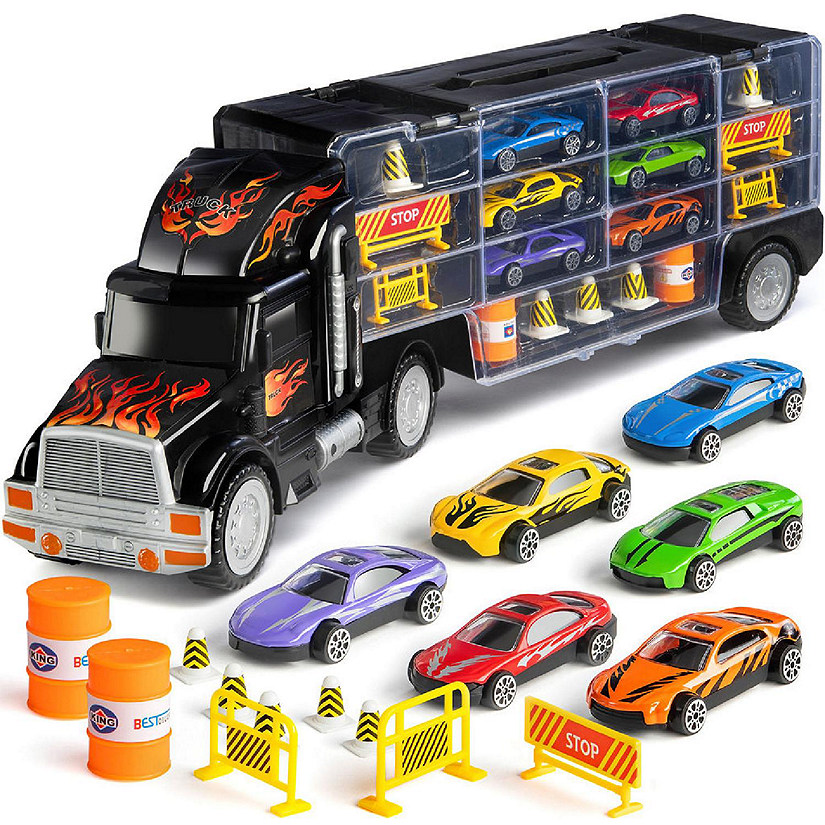 Toy Truck Transport Car Carrier - Includes 6 Toy Cars and 11 Accessories - Fits 28 Toy Car Slots Image