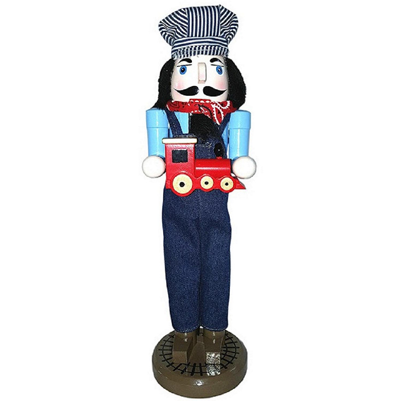 Train Conductor Holding Toy Train Wooden Christmas 14 Inch Nutcracker Decoration Image