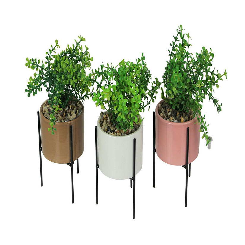 Transpac Set of 3 Artificial Potted Succulent Plants W/ Ceramic Planters And Metal Stands Image