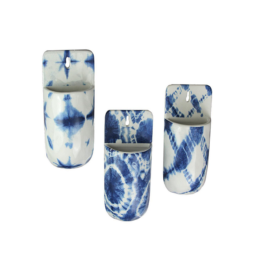 Transpac Set of 3 Blue and White Shibori Style Dyed Ceramic Wall Pocket Hangings Boho D&#233;cor Image