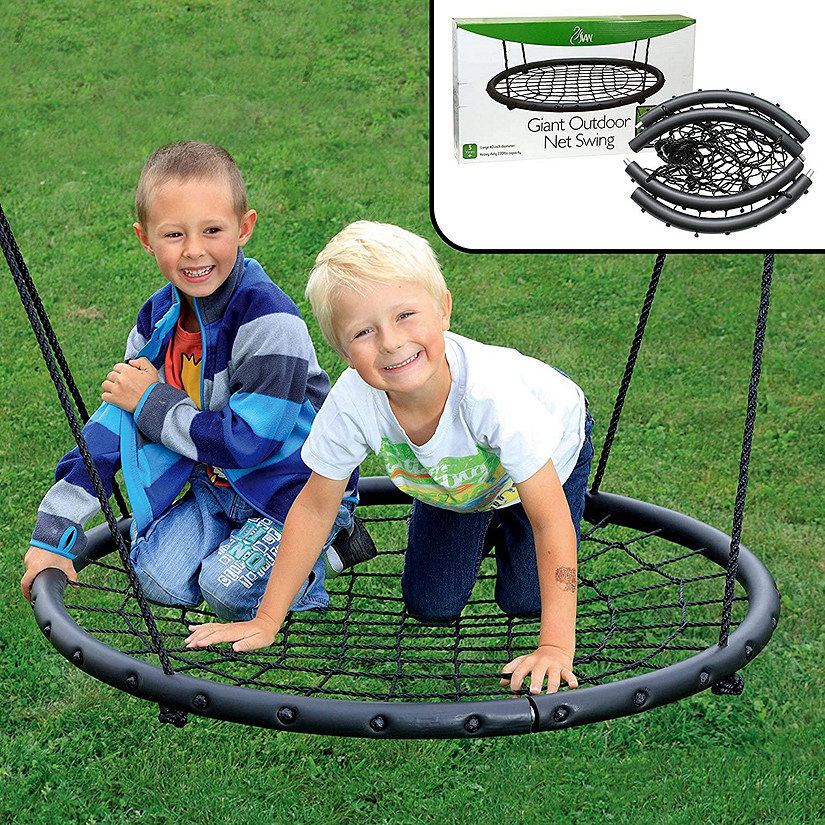 Tree Net Swing w Hanging Rope and Rings - Giant 40" Wide Two Person Indoor Outdoor Spider Web Swingset - Great for Backyard, Playground, Playroom - Safe Durable Image