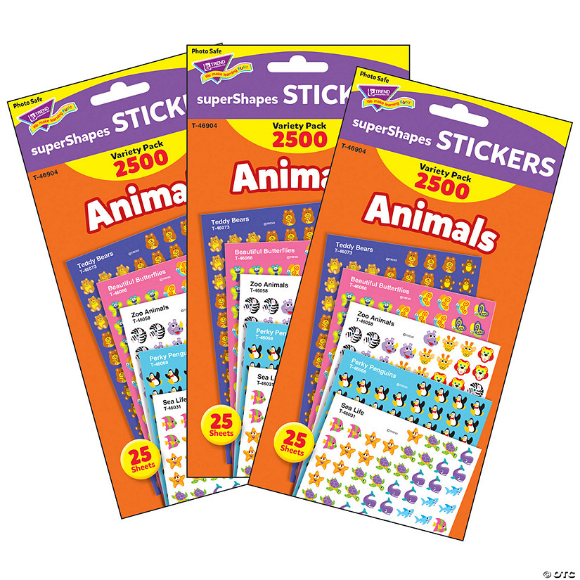 TREND Animals superShapes Stickers Variety Pack, 2500 Per Pack, 3 Packs Image