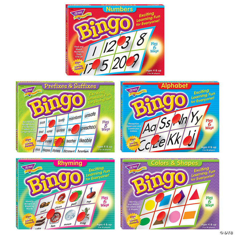 TREND Bingo Game 5-Pack, Colors & Shapes, Alphabet, Rhyming, Numbers, Prefixes & Suffixes Image