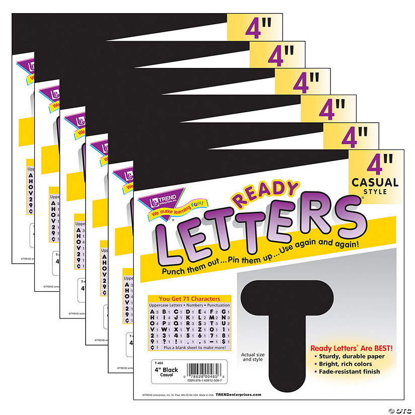 TREND Black 4" Casual Uppercase Ready Letters, 6 Packs Image