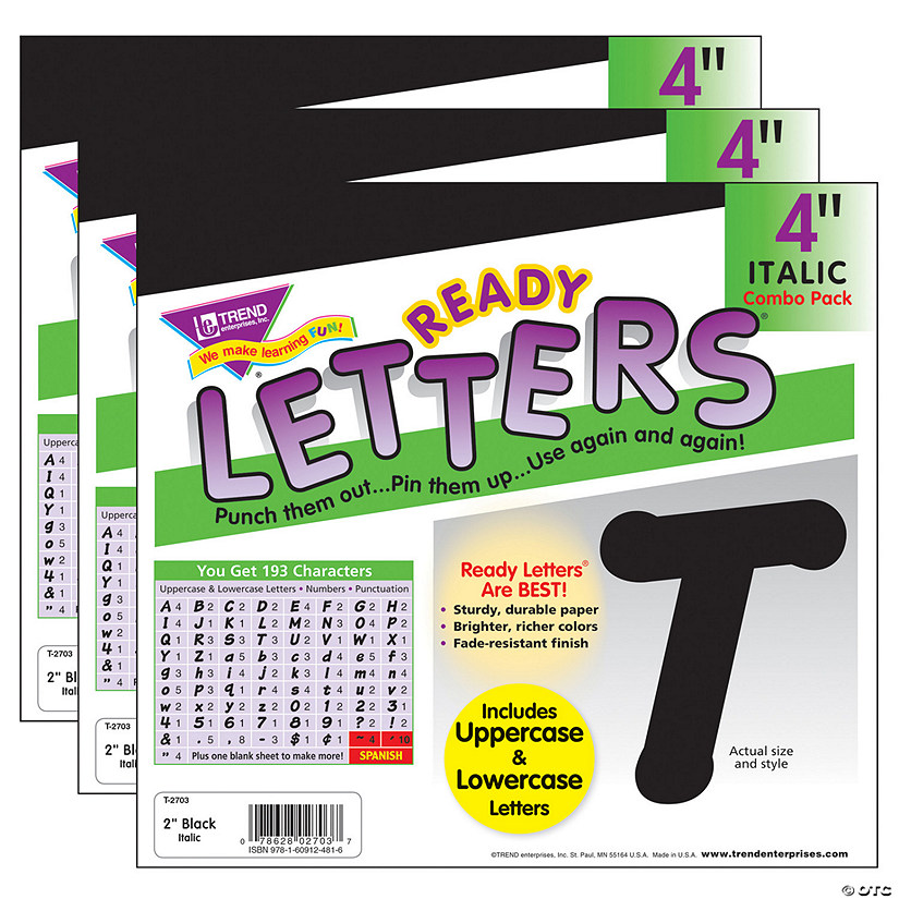 TREND Black 4-Inch Italic Uppercase/Lowercase Combo Pack (EN/SP) Ready Letters, 193 Per Pack, 3 Packs Image