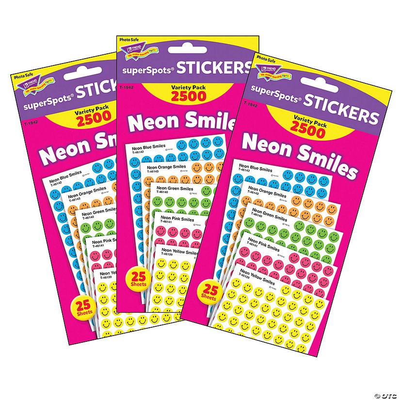 TREND Neon Smiles superSpots Stickers Variety Pack, 2500 Per Pack, 3 Packs Image