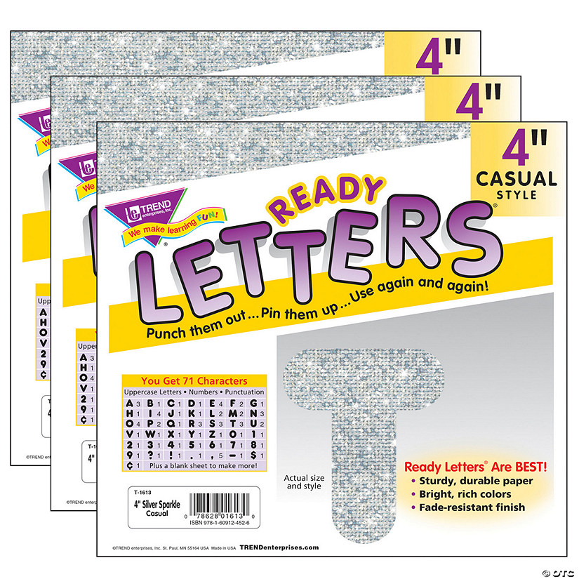 TREND Silver Sparkle 4" Casual Uppercase Ready Letters, 71 Per Pack, 3 Packs Image