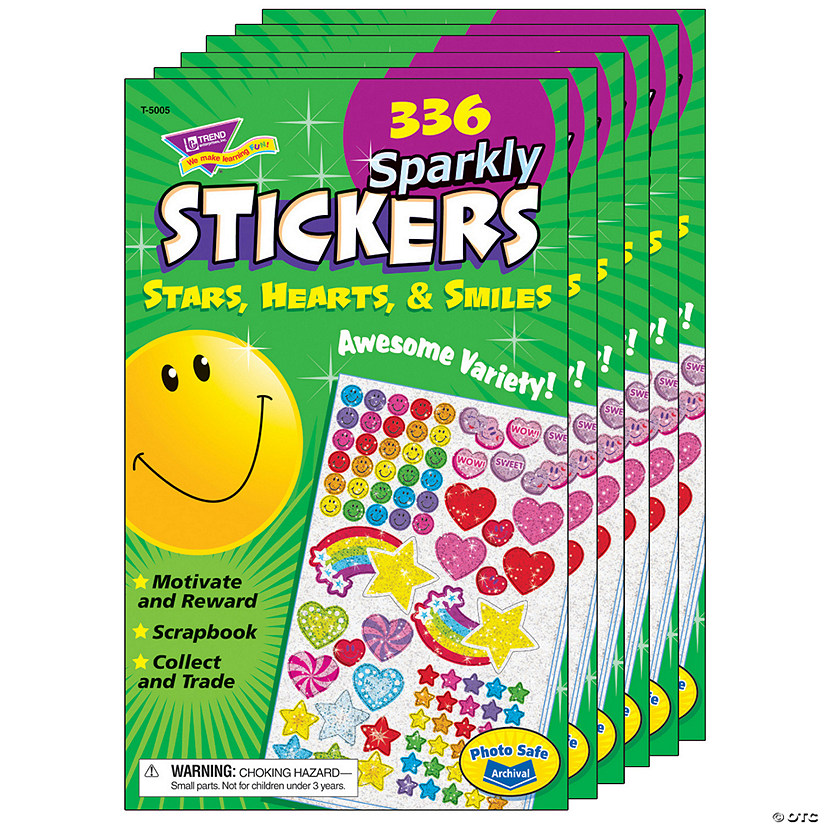 TREND Sparkly Stars, Hearts, & Smiles Sticker Pad, 336 Stickers Per Pad, 6 Pads Image