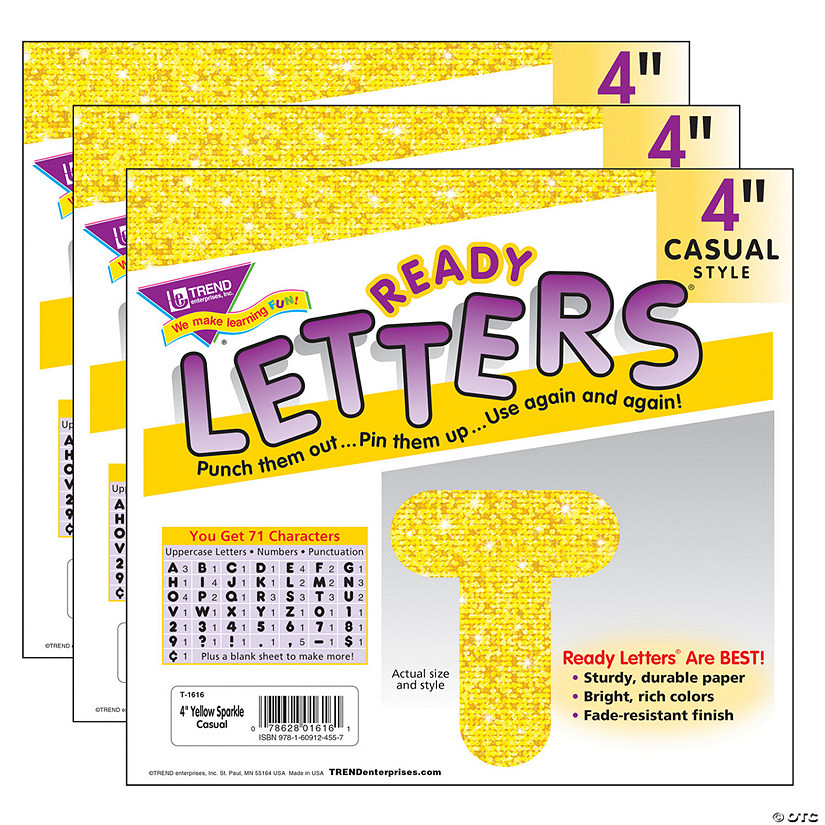 TREND Yellow Sparkle 4" Casual Uppercase Ready Letters, 71 Per Pack, 3 Packs Image