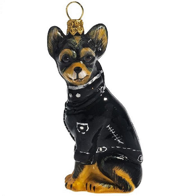 Tri Color Chihuahua in Black Motorcycle Jacket Polish Glass Dog Ornament Image