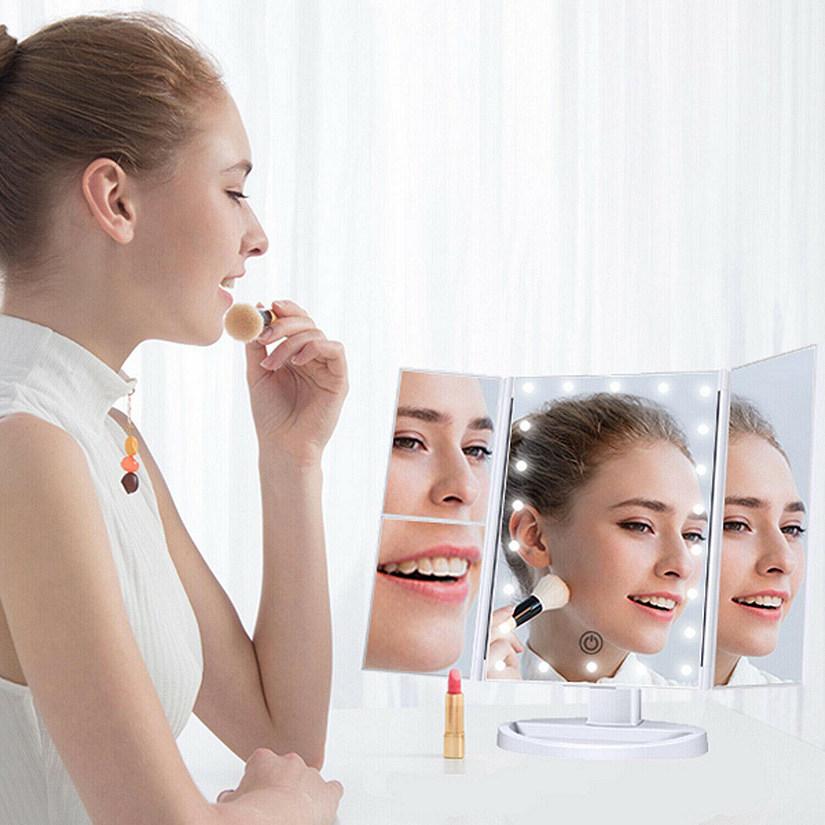 Tri-fold Vanity Makeup LED Mirror USB Touch Screen 10X Magnifing Mirror Tabletop Image