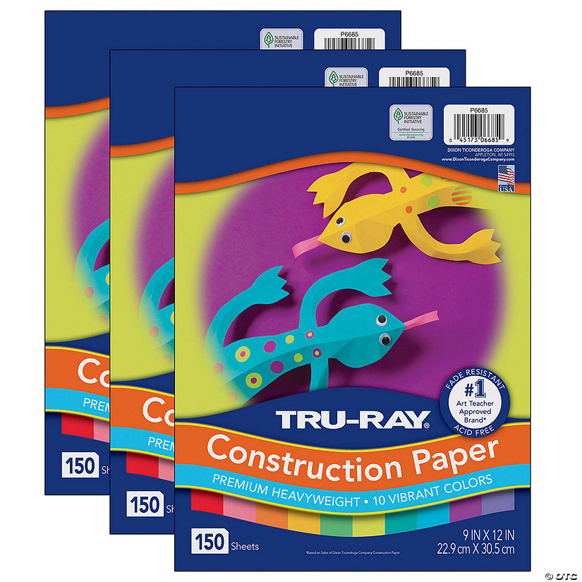 Tru-Ray Construction Paper, 10 Vibrant Colors, 9" x 12", 150 Sheets Per Pack, 3 Packs Image