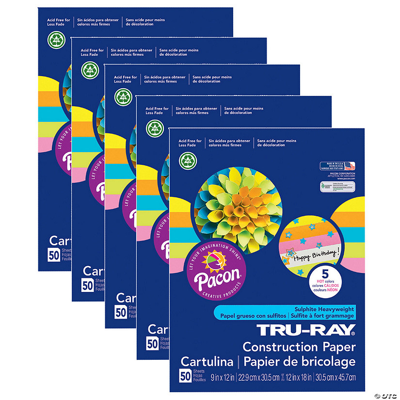 Tru-Ray Construction Paper, 5 Assorted Hot Colors, 9" x 12", 50 Sheets Per Pack, 5 Packs Image