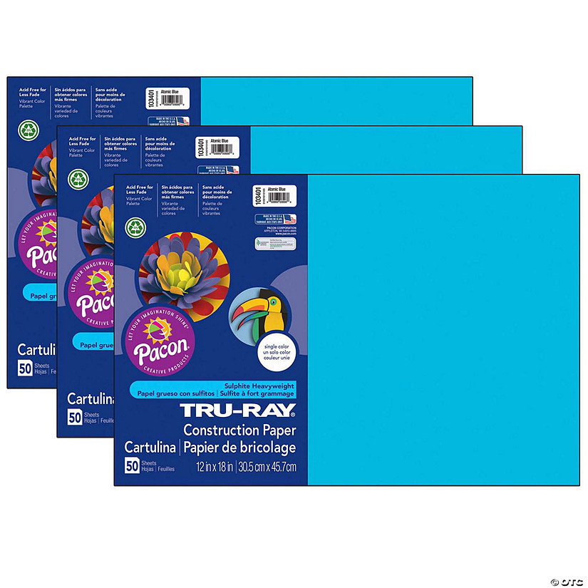 Tru-Ray Construction Paper, Atomic Blue, 12" x 18", 50 Sheets Per Pack, 3 Packs Image