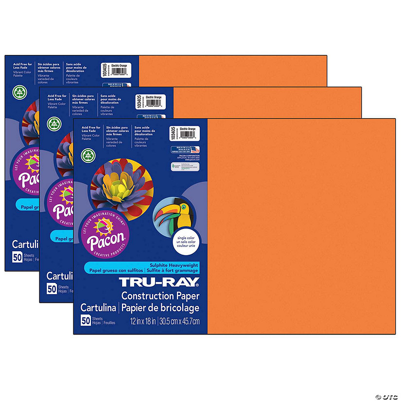 Tru-Ray Construction Paper, Electric Orange, 12" x 18", 50 Sheets Per Pack, 3 Packs Image
