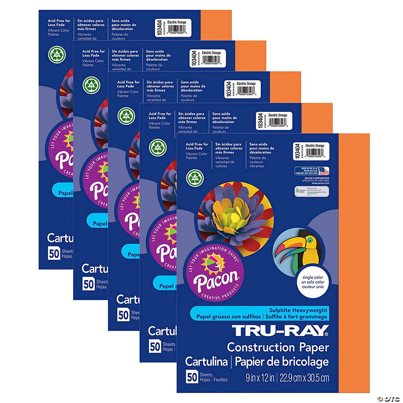 Tru-Ray Construction Paper, Electric Orange, 9" Proper 12", 50 Sheets Per Pack, 5 Packs Image