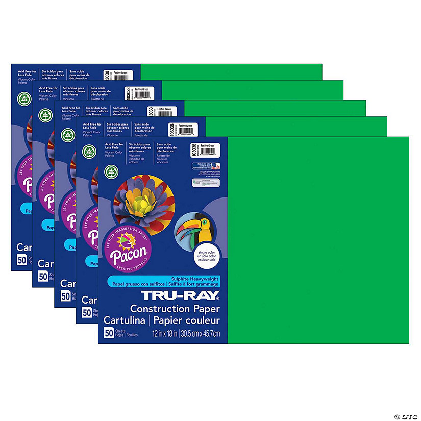 Tru-Ray Construction Paper, Festive Green, 12" x 18", 50 Sheets Per Pack, 5 Packs Image