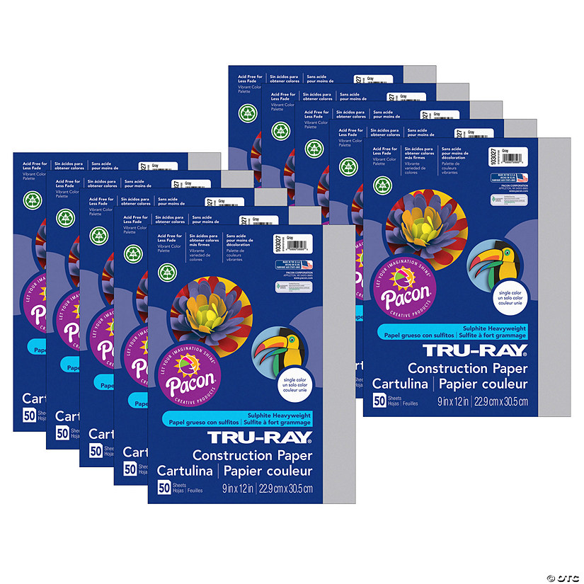 TruRay Construction Paper, Gray, 9" x 12", 50 Sheets Per Pack, 10