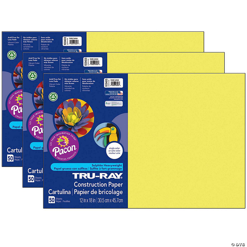 Tru-Ray Construction Paper, Lively Lemon, 12" x 18", 50 Sheets Per Pack, 3 Packs Image