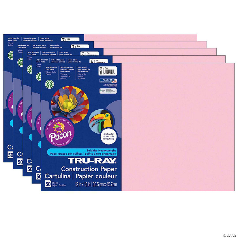 TruRay Construction Paper, Pink, 12" x 18", 50 Sheets Per Pack, 5