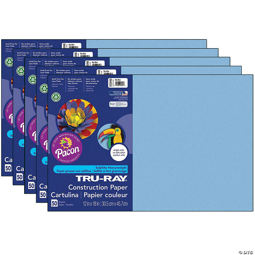 Tru-Ray Construction Paper, Sky Blue, 12" x 18", 50 Sheets Per Pack, 5 Packs Image