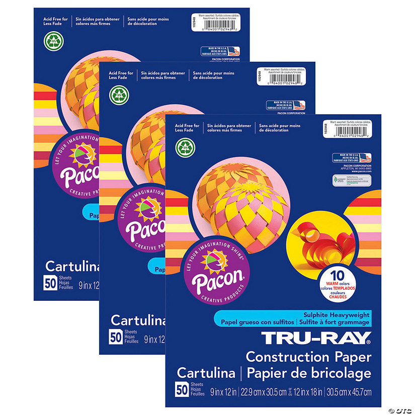 Tru-Ray Construction Paper, Warm Assorted, 12" x 18", 50 Sheets Per Pack, 3 Packs Image