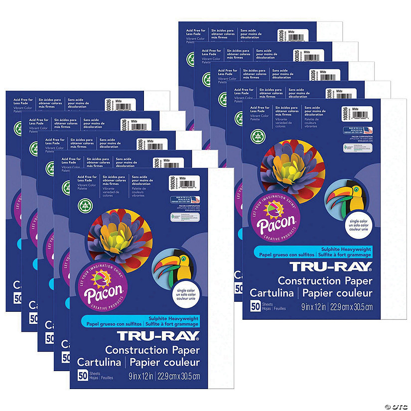 Tru-Ray Construction Paper, White, 9" x 12", 50 Sheets Per Pack, 10 Packs Image