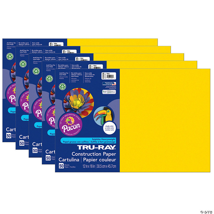 Tru-Ray Construction Paper, Yellow, 12" x 18", 50 Sheets Per Pack, 5 Packs Image