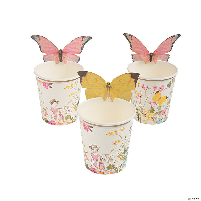 Truly Fairy Floral Disposable Paper Cups with Butterfly Toppers - 12 Ct. Image