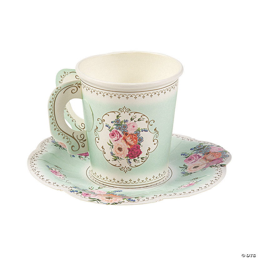 Truly Scrumptious Floral Disposable Paper Tea Cups with Saucers- 12 Ct. Image