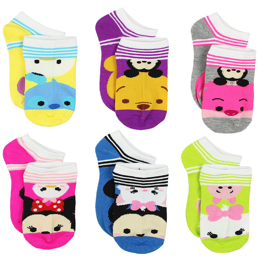 Tsum Tsum Girls Womens 6 pack Socks (Shoe Size: 10-4 (Sock: Medium 6-8), Tsum Tsum Stripes Multi) Image