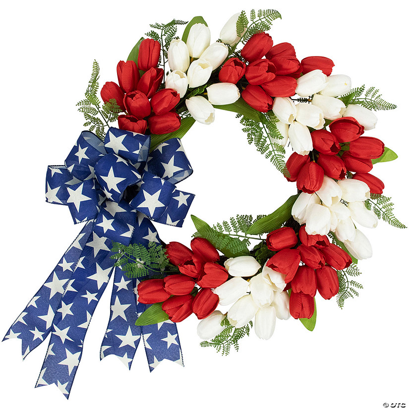 Tulip Floral Patriotic Wreath with Bow - 24" - Red  White and Blue Image