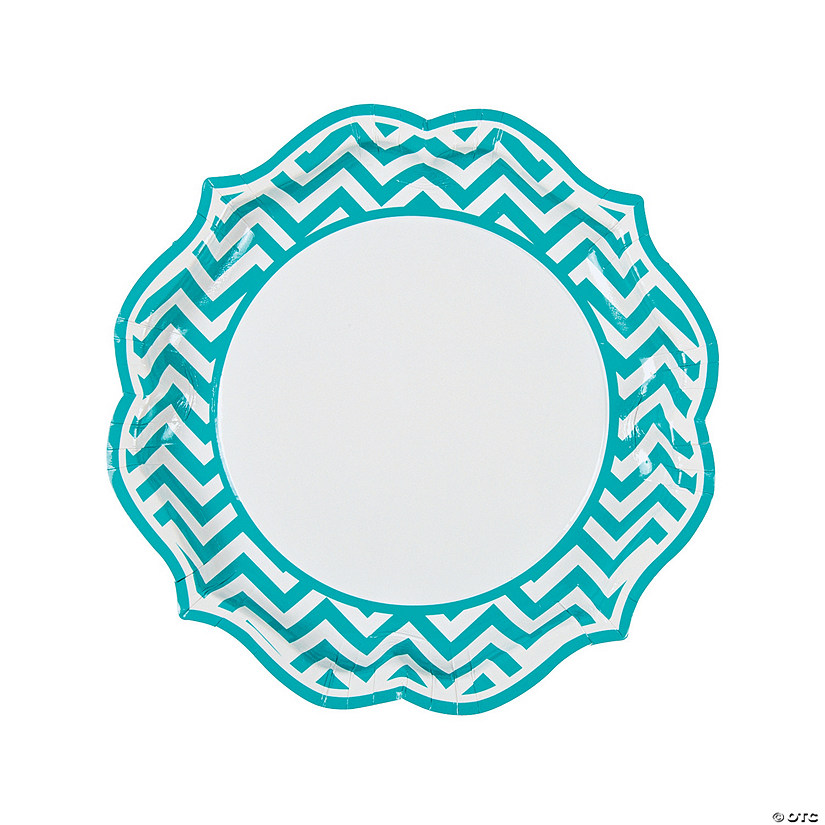 Turquoise Chevron Zigzag Stripes Scalloped Paper Dinner Plates - 8 Ct. Image
