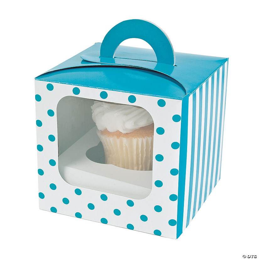 Turquoise Polka Dot Cupcake Boxes with Handle - 12 Pc. Image