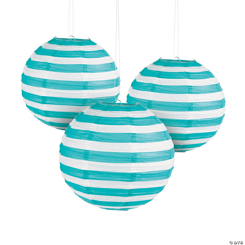 Turquoise Striped Hanging Paper Lanternss - 6 Pc. Image