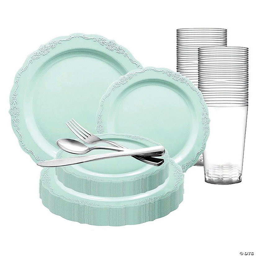Turquoise Vintage Round Disposable Plastic Dinnerware Value Set (120 Settings) Image