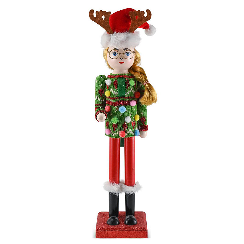 Ugly Sweater Nutcracker Red and Green Wooden Nutcracker Woman with an Ugly Sweater and Reindeer Hat Image
