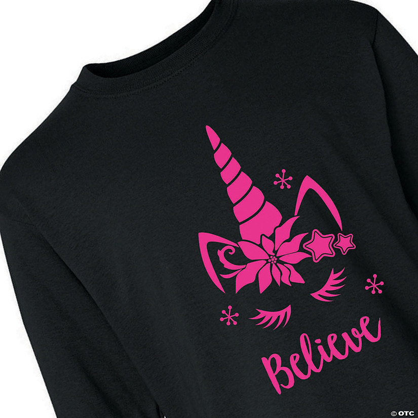 Unicorn Believe Youth Long Sleeve Christmas T-Shirt - Small Image