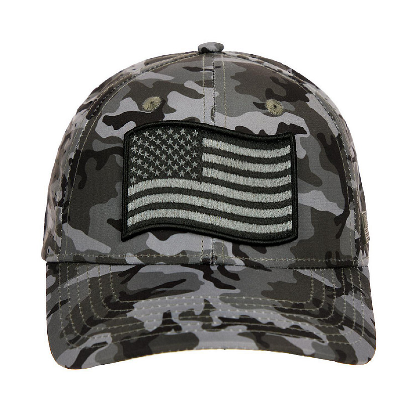 USA American Flag Patch 6-Panel Gray Camo Pre-Curved Snapback Hat Image
