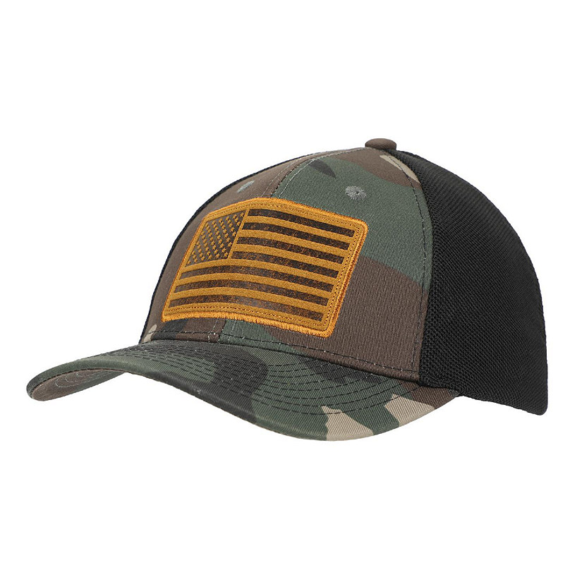 USA American Flag Patch 6-Panel Green Camo Pre-Curved Snapback Hat Image