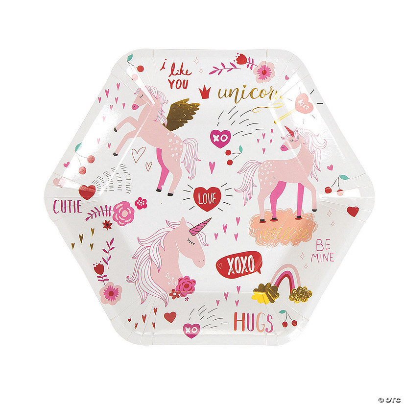 Valentine Party Unicorn Paper Dinner Plates - 8 Ct. Image