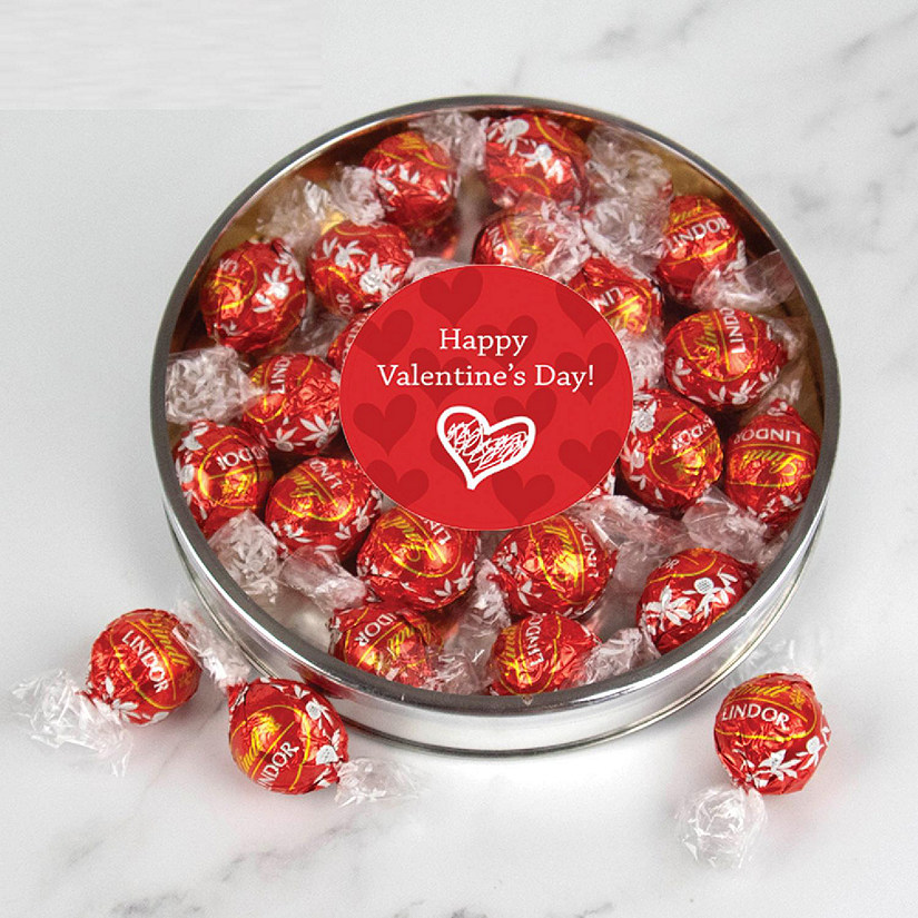 Valentine's Day Candy Gift Tin with Chocolate Lindor Truffles by Lindt Large Plastic Tin with Sticker - Scribble Heart Image