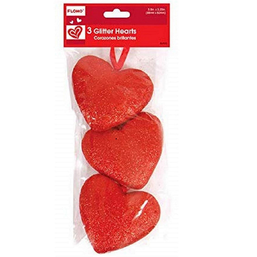 Valentines Glitter Foam Hearts with Red Ribbons Ornaments Set 3.5 Inch