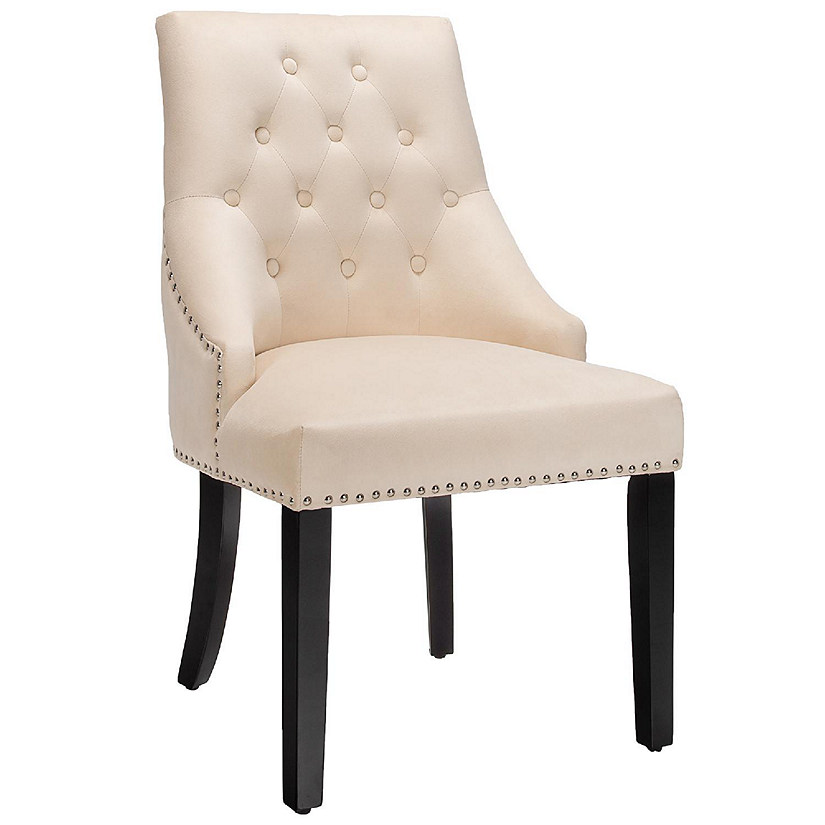 Velvet Dining Chair Upholstered Tufted Armless w/ Nailed Trim & Ring Pull Beige Image