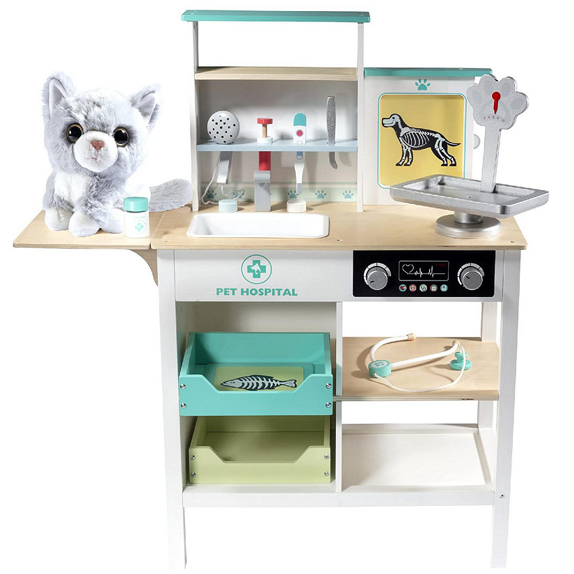 Vet Center Pretend Pet Hospital Playset - Wooden Animal Interactive Medical Checkup Set with Toy Cat, X-Ray Cards, Stethoscope & Veterinarian Medical Accessorie Image