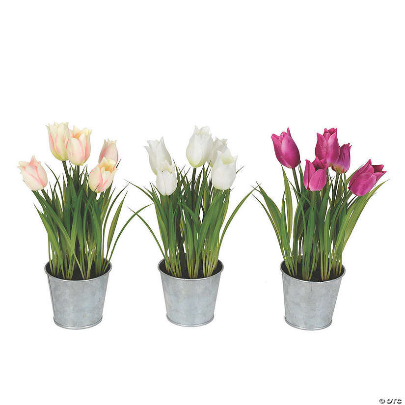 Vickerman 10.5" Artificial Assorted Set of Tulips in Metal Pot Image