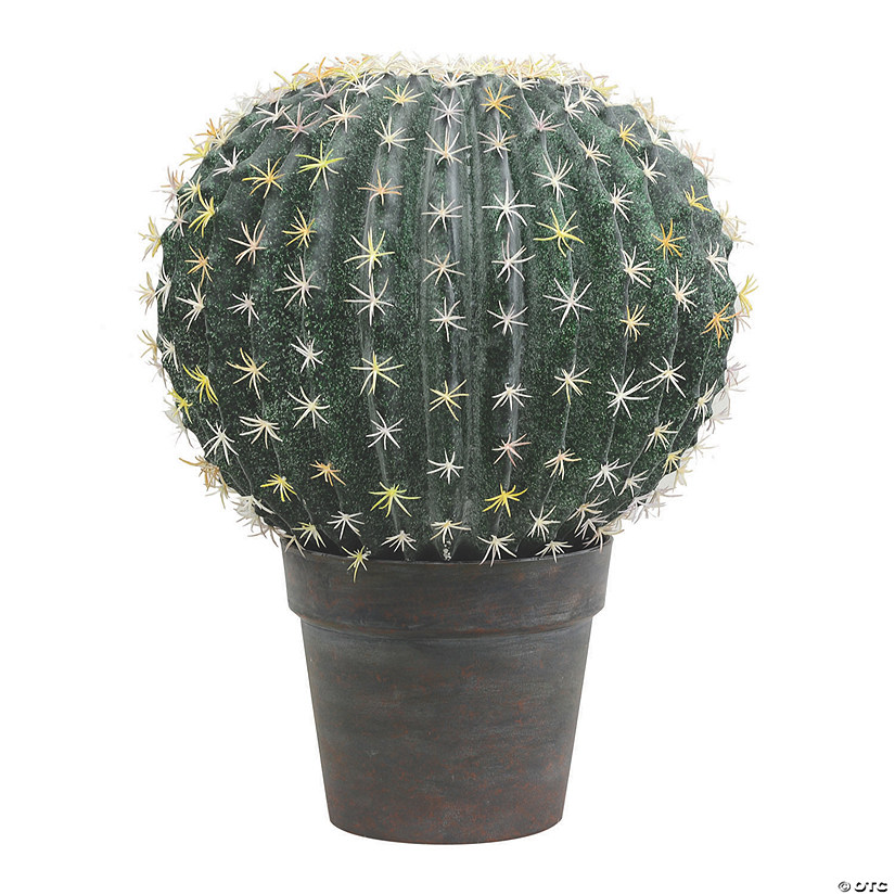 Vickerman 13.5" Artificial Green Barrell Cactus in Gray and Light Red Pot Image
